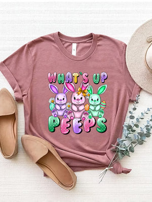 Dusty Pink Easter Bunny Graphic Tee with "What's Up Peeps" text and cartoon bunnies.