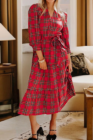 Christmas Plaid V Neck Tie Waist Midi Dress in Deep Red, model styling view