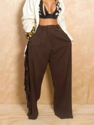 Wide-leg Pants With Fringed Details in Black, model styling view
