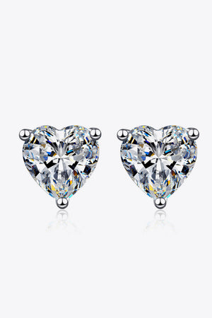Silver heart-cut moissanite stud earrings with a brilliant sparkle