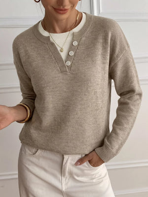 Dropped Shoulder Long Sleeve Sweater in Khaki, front view