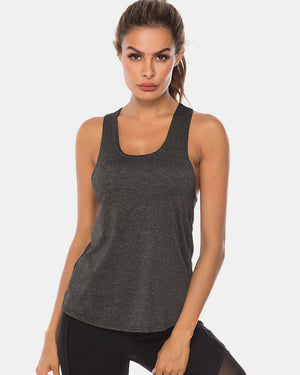 Racerback performance tank top in charcoal grey with a scoop neck.