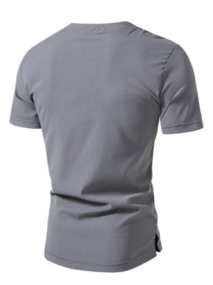 Men's gray cotton short sleeve casual t-shirt with textured fabric and side vents