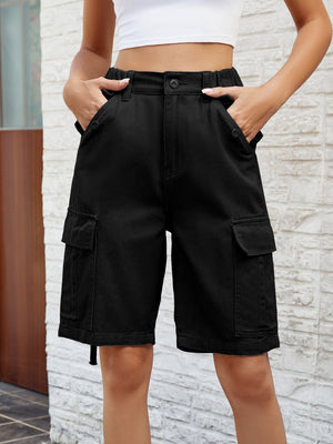 Black denim cargo bermuda shorts with buttoned pockets and elastic waistband.
