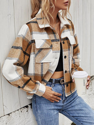 Camel plaid shacket with contrast collar, buttoned front, and chest pockets.