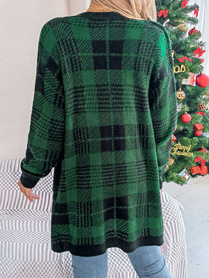 Plaid knit longline cardigan in dark green with black plaid pattern.