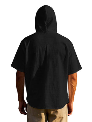 Men's black short sleeve hooded shirt with pocket