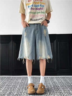 Light-wash denim shorts with distressed details and raw hem, men's casual cotton shorts.