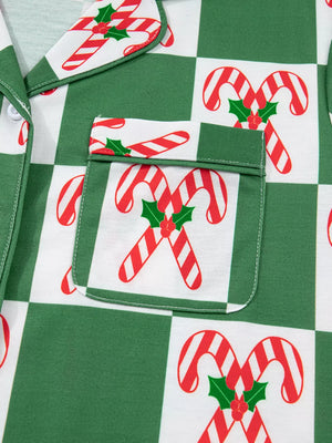 Green checkered pajama set with candy cane print and chest pocket.