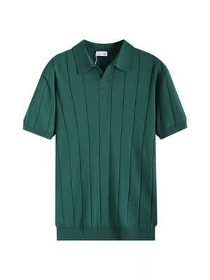 Men's Wood Green ribbed knit polo shirt with vertical stripes and a classic collar.