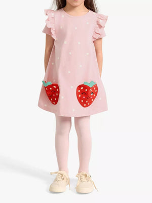 Pink cotton dress with strawberry applique and white polka dots.