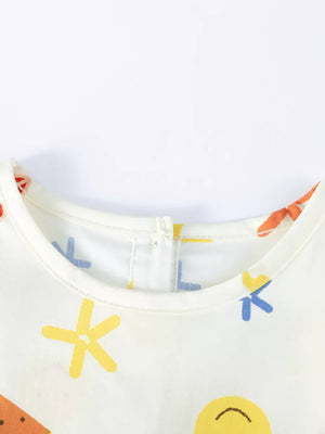 Baby & kids white tiered dress with playful fruit and sun print, round neck.