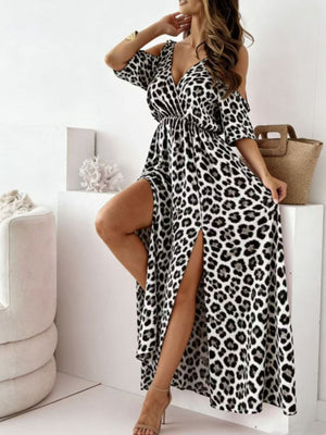 White leopard print cold shoulder maxi dress with high slit, cotton blend