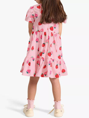 Pink strawberry print tiered dress with puff sleeves and ruffled hem.