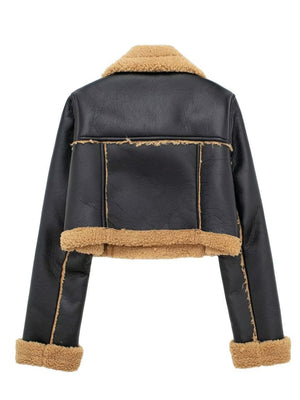 Black cropped aviator jacket with shearling trim and collar