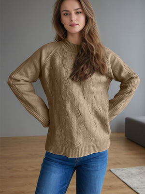 Camel textured knit raglan sleeve pullover sweater with open weave diamond pattern.