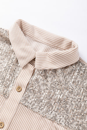 Tan textured knit shirt jacket with sequin pockets and button front.