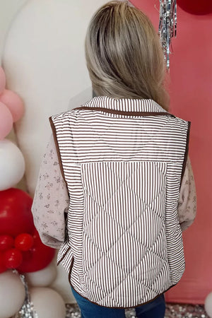 Striped Quilted Snap Button Vest in Dark Brown, model styling view
