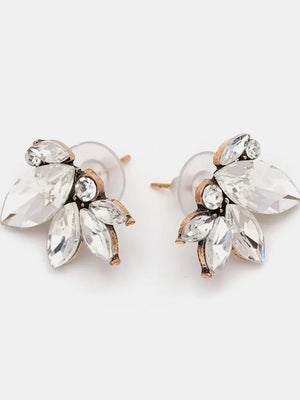 Gemstone petal cluster stud earrings in antique gold with clear crystals.