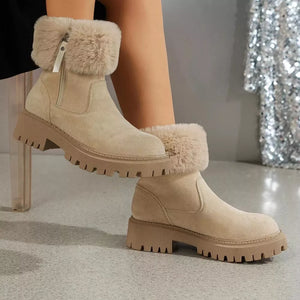 Creamy-white suede ankle boots with faux fur trim and side zipper on chunky sole.
