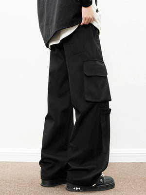Black cargo pants with drawstring comfort and large side pockets.