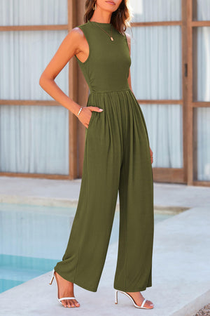 Ribbed mock neck jumpsuit in matcha green with wide legs and pleats.