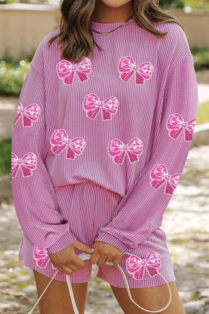 Sequin bow two-piece ensemble, casual women's outfit set with elastane.