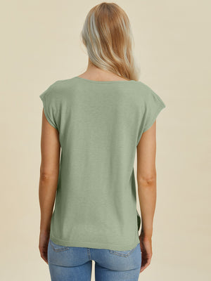 Sage knit tee with cap sleeves and a crew neckline, shown from the back.