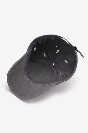 Mid Gray distressed baseball cap with adjustable strap and visible interior tags.