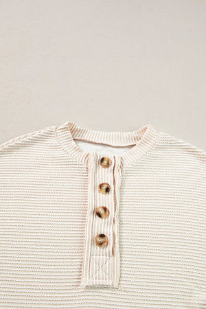 Corded Texture Lantern Sleeve Henley Sweatsuit in Ivory, editorial view