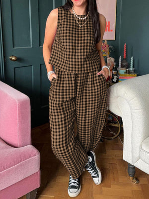 Gingham cropped tank and tapered trousers set in caramel and black, with pockets.