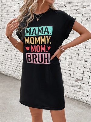 Black graphic tee dress with Mama. Mommy. Mom. Bruh. text and heart details.