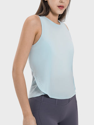 Light blue performance tank top with a round neckline and subtle side perforations.