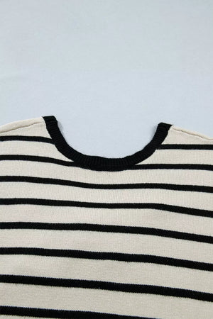 Chic stripe knit top with black trim neckline and black horizontal stripes.