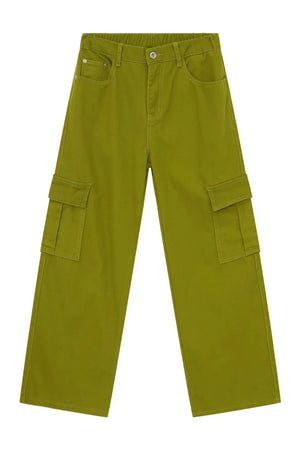 Yellow-green 100% cotton wide leg cargo pants with utility pockets.