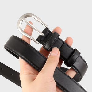 Black leather belt with silver buckle and stitched detail