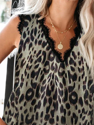 Leopard print camisole with black lace trim and V-neckline