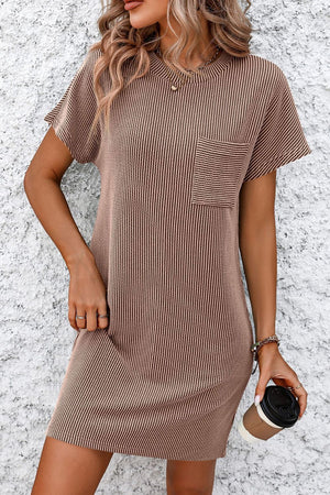 Ribbed tee dress in taupe with vertical stripes and a patch pocket.