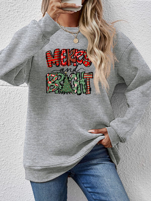 Crewneck sweatshirt in gray with festive Merry and Bright graphic and Christmas tree detail.