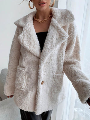 Cream teddy bear shawl collar jacket with button closure and pockets