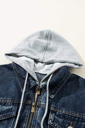 Dark blue denim jacket with grey hooded layer and zipper closure.