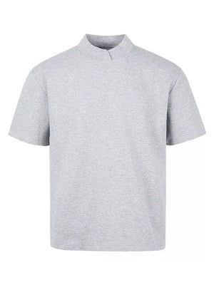 Men's light gray cotton mock neck t-shirt with short sleeves.