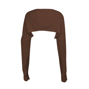 Chocolate ribbed knit shrug with extended sleeves and a cropped cut.