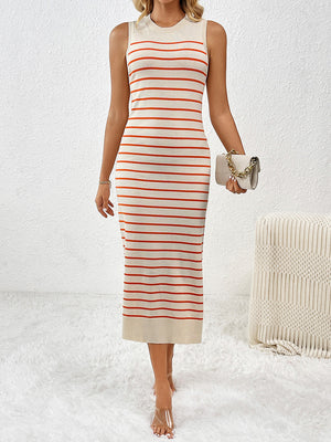 Striped ribbed sleeveless midi dress in cream with orange stripes, crew neck, and fitted silhouette.