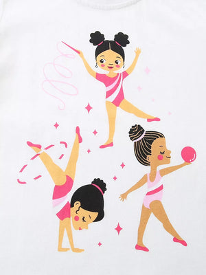 White cotton t-shirt with playful gymnastics graphic of girls in pink leotards.