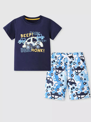 Navy cotton toddler t-shirt and shorts set with playful car graphic and text.