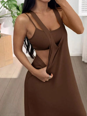 Brown scoop neck cami and maxi dress duo with double spaghetti straps.