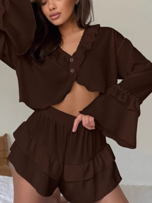 Chocolate ruffled V-neck pajama set with shorts and bell sleeves.