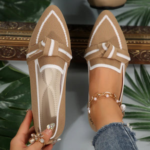 Mesh Pointe Slip-Ons Flats in Khaki with white trim and bow detail.
