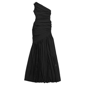 Black ruched one-shoulder bodycon maxi dress with a flowing skirt.